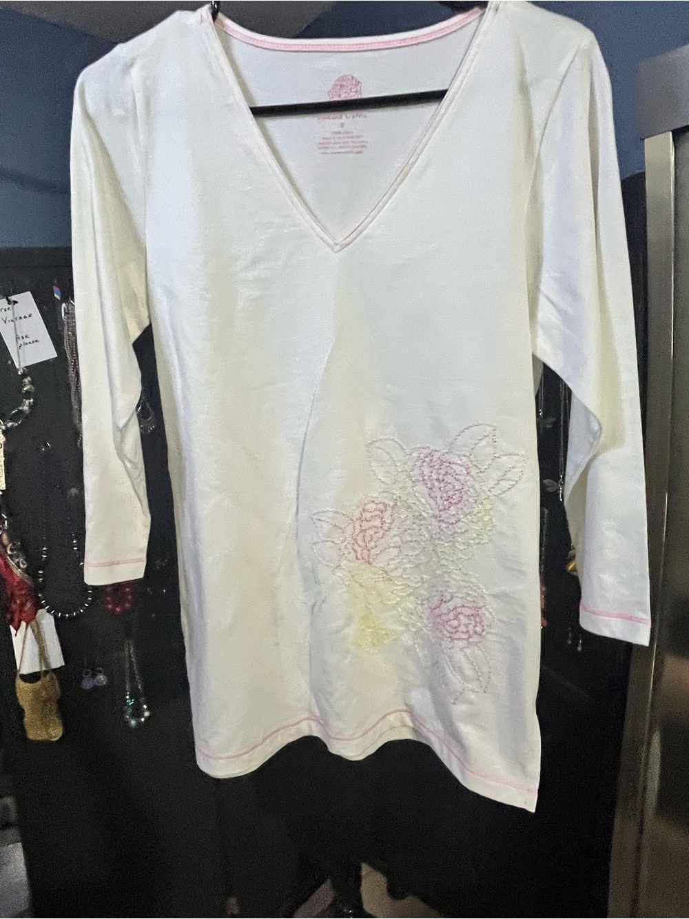 White V-Neck Long-Sleeve Top with Pastel Floral Embroidery